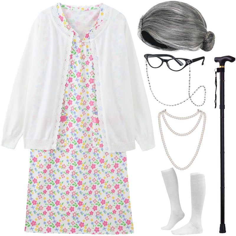 EBYTOP Old Lady Costume for Kids Halloween 100th Day of School Girls Dress up Granny Wig Grandma 100 Days Glasses Cane 1-WH 3-4 Years - Image 1